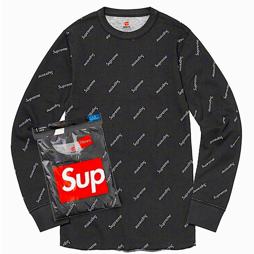 Supreme Hanes‎ Thermal Crew Long Sleeve Shirt Black Logo FW20 Size M